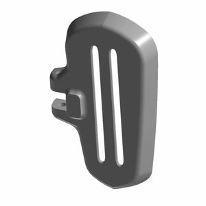 Left chrome motorcycle footboard with two elongated slots and mounting bracket on back.