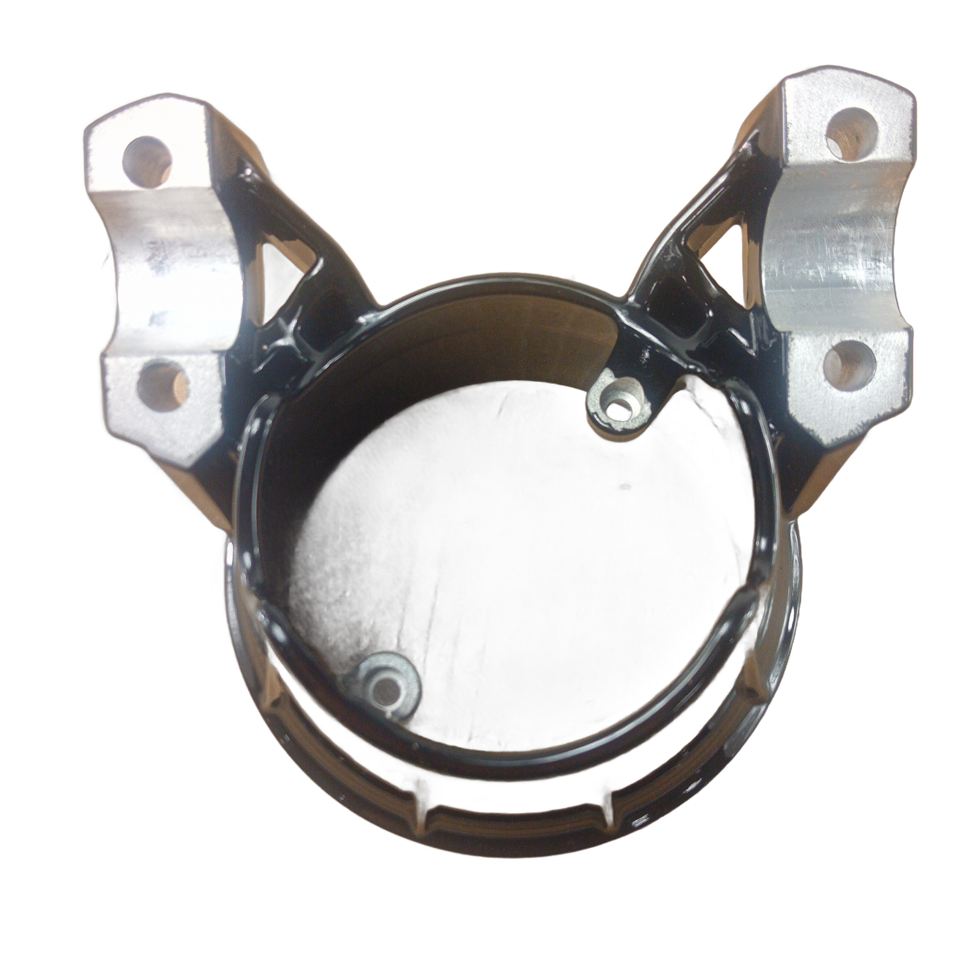 A sleek, black, circular Speedometer Housing Mount by Polaris with two angled arms and mounting holes, viewed from above on a white background—an essential OEM part for Indian Polaris motorcycles and enthusiasts.