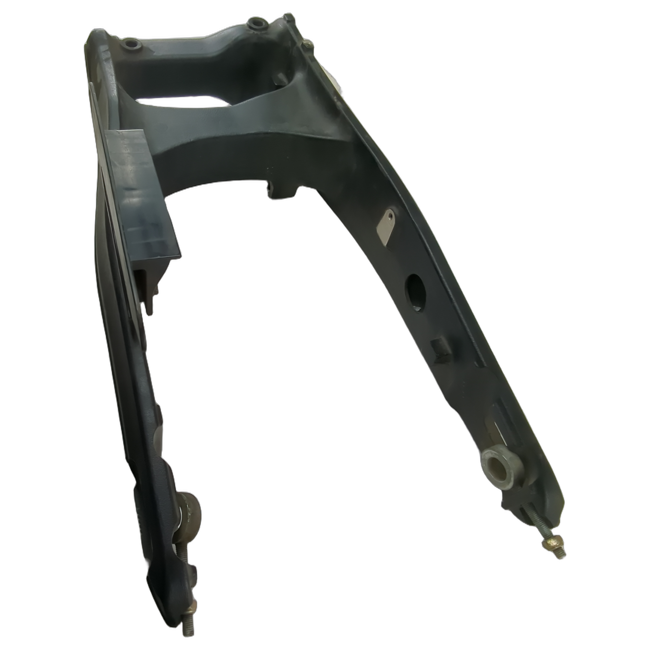Matte black metal swingarm with angular frame and mounting points for Indian motorcycles.