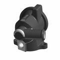Black plastic thermostat housing with circular base and cylindrical outlet port.