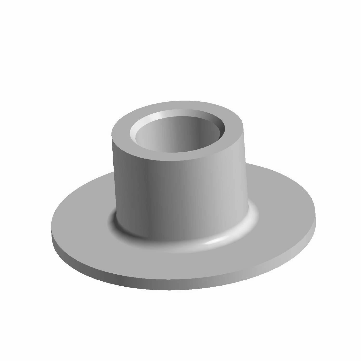 Gray cylindrical metal pivot bushing with a flat circular base and hollow center.