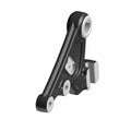 Black triangular metal brake torque bracket with circular mounting points and silver accents.