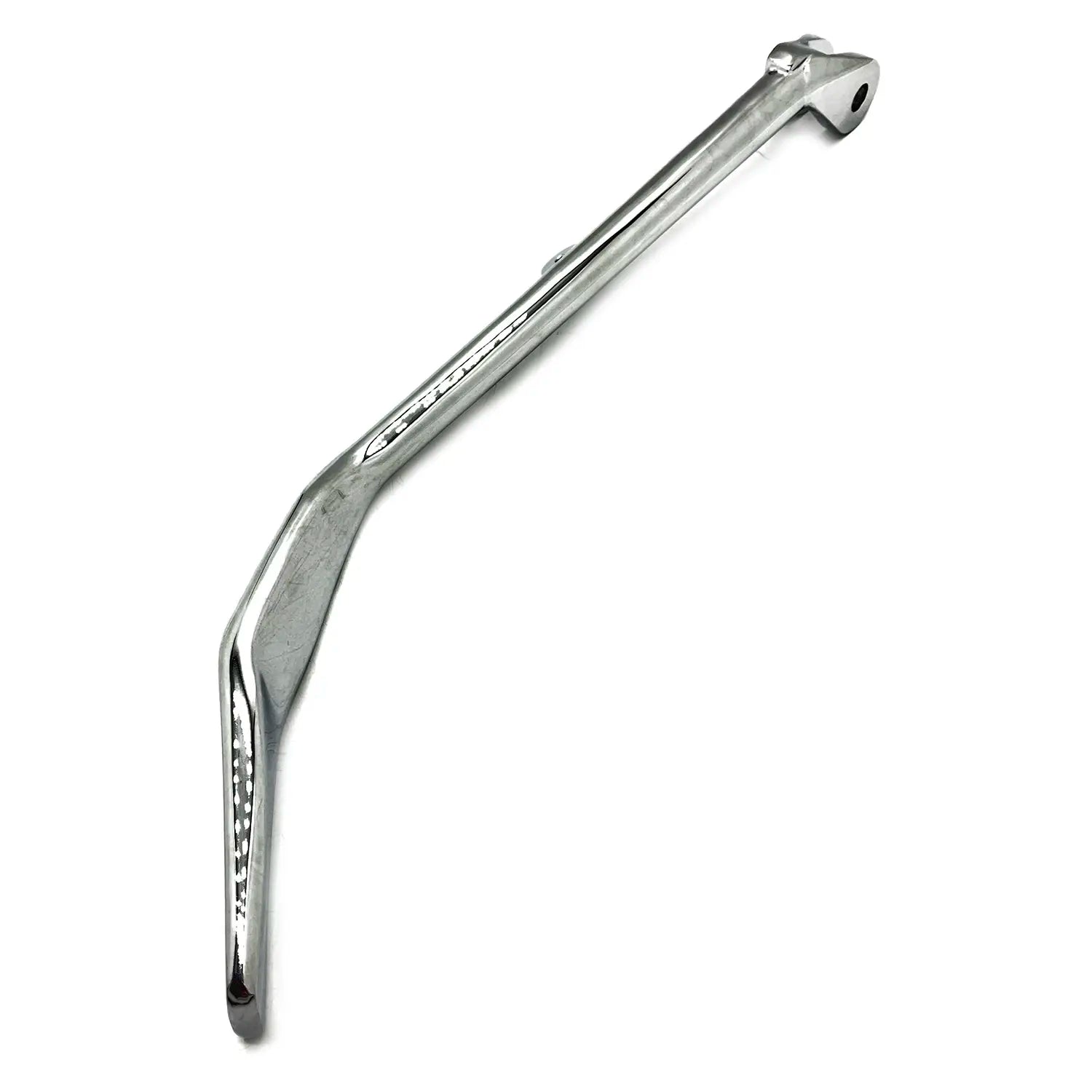 Chrome motorcycle kickstand with angled design and mounting hole at the top.