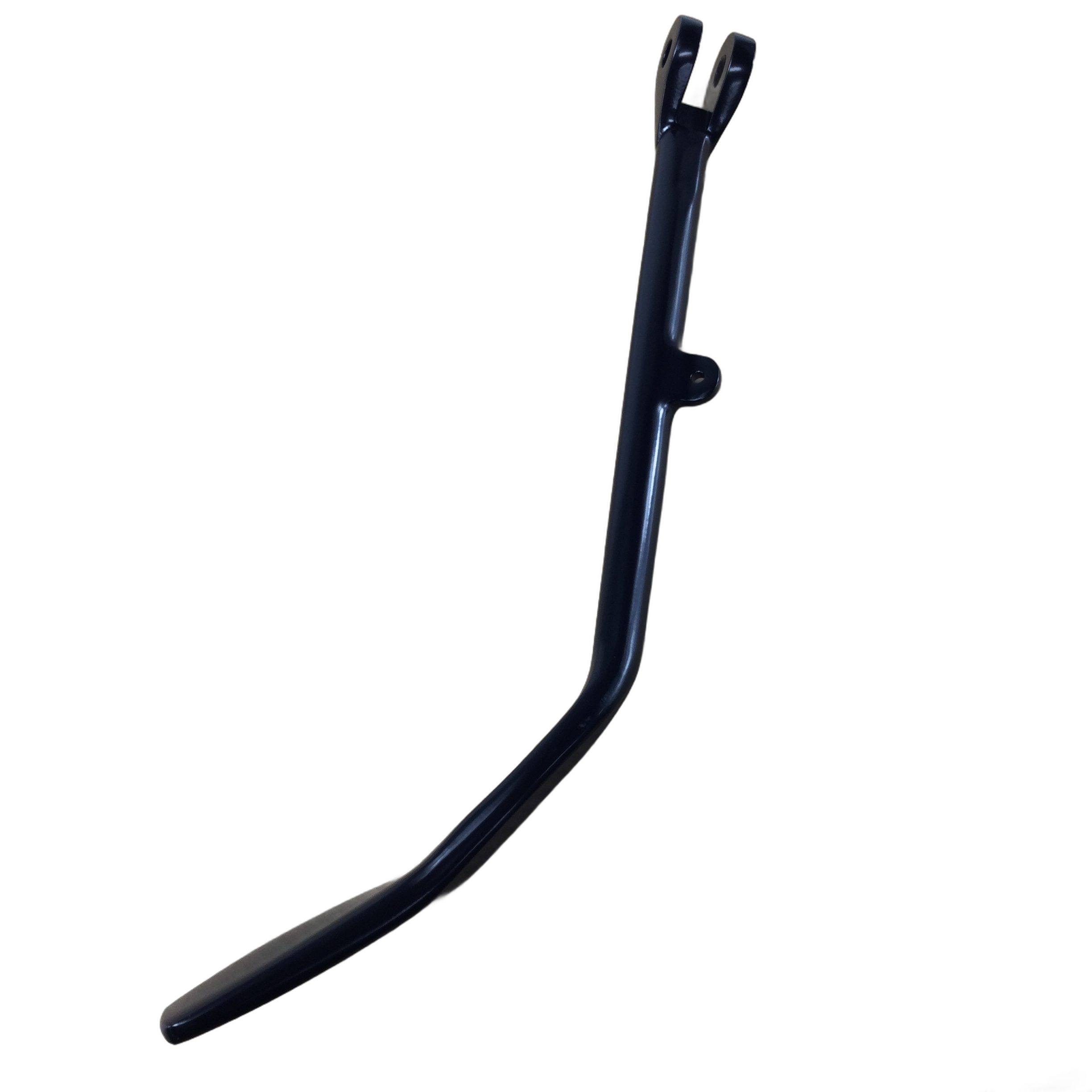 The Kickstand Flat Black by Polaris is a curved metal bicycle kickstand with a mounting bracket, shown against a white background. Its OEM-style design makes it perfect for those seeking Indian motorcycle-compatible parts.