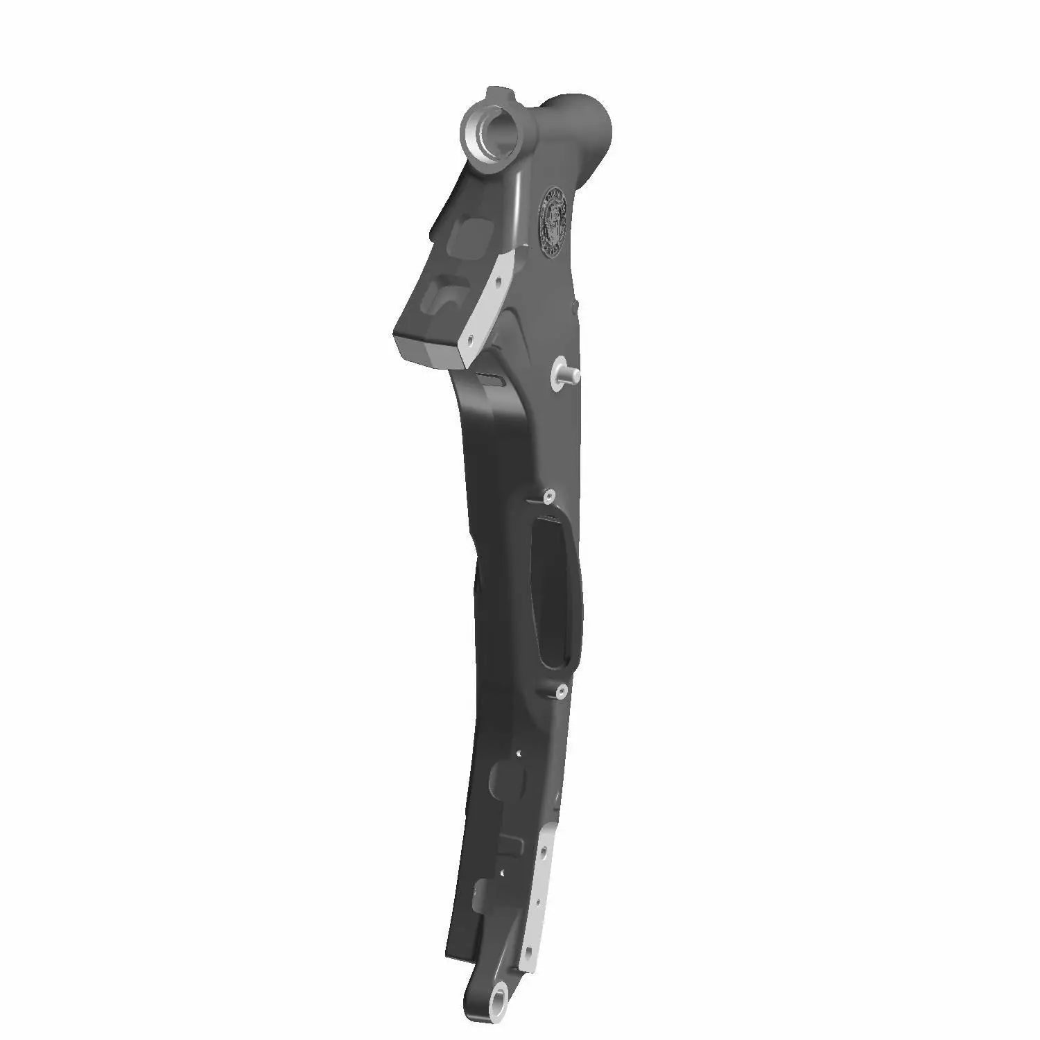 Black metal main frame front touring part for motorcycle with mounting points and sturdy construction.