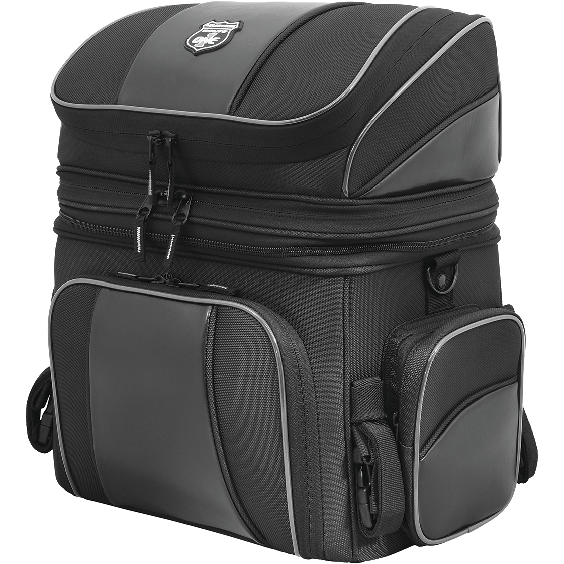 The Getaway Bag 2.0 32L Black by Nelson Rigg is a large, soft-sided cooler with multiple zippered compartments, side pockets, top handle, silver front logo, and gray accent piping.