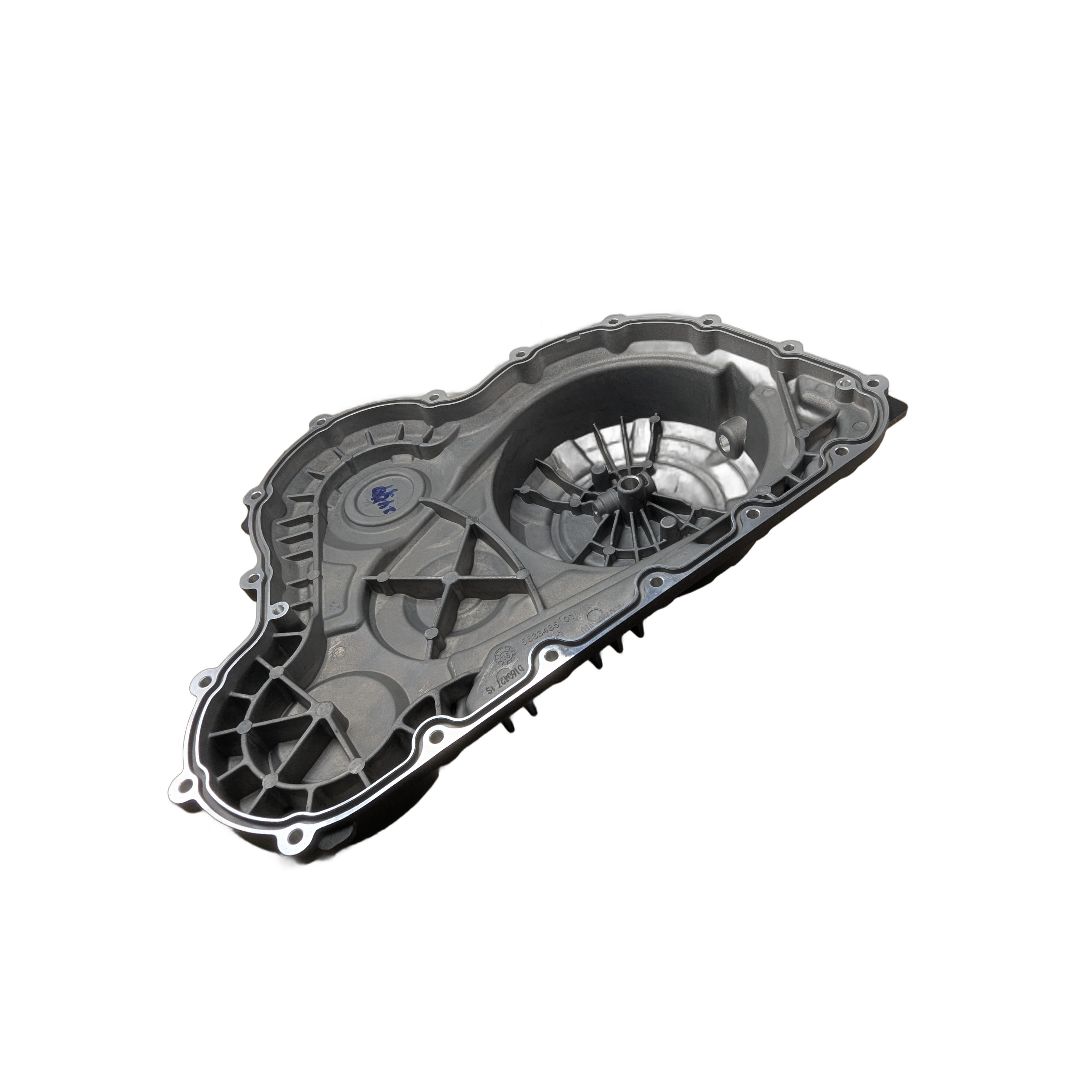 The Primary Cover, Black [Cover Only] by Polaris is an OEM Victory motorcycle part with multiple edge bolts, internal supports, and a round section for gears—an essential Victory Polaris transmission case component.
