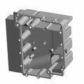 Gray metal oil pan with multiple mounting holes and an angular, box-like shape.