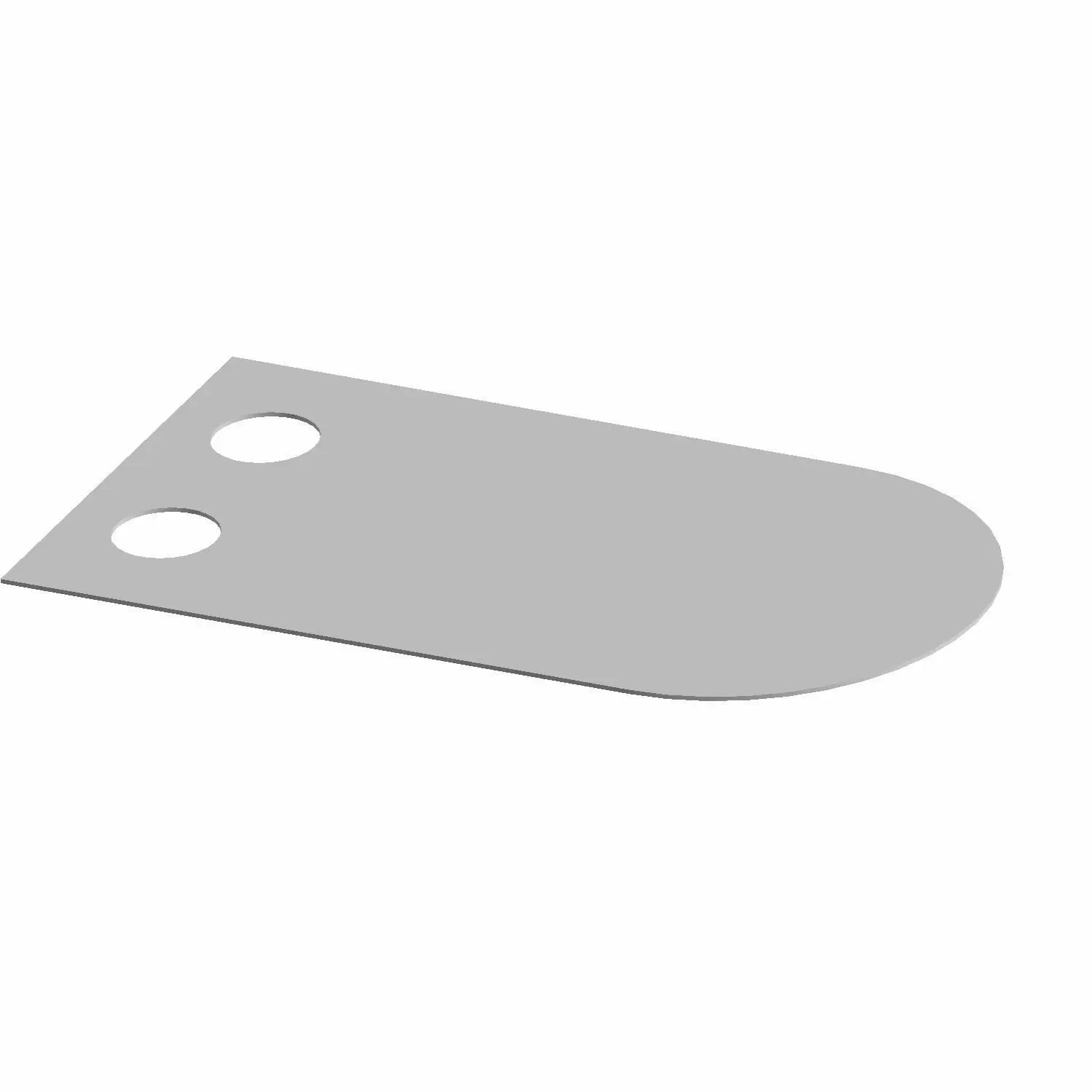 A flat, gray, rounded rectangular Reed Valve Plate by Polaris, featuring two circular holes near one end, shown angled on a white background—an essential OEM part for your Indian motorcycle.
