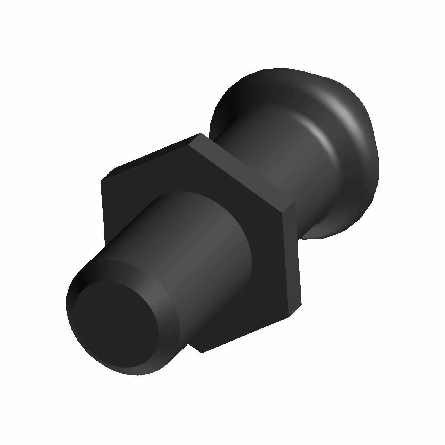 Black rubber seat dart clip with hexagonal flange and rounded stem end.