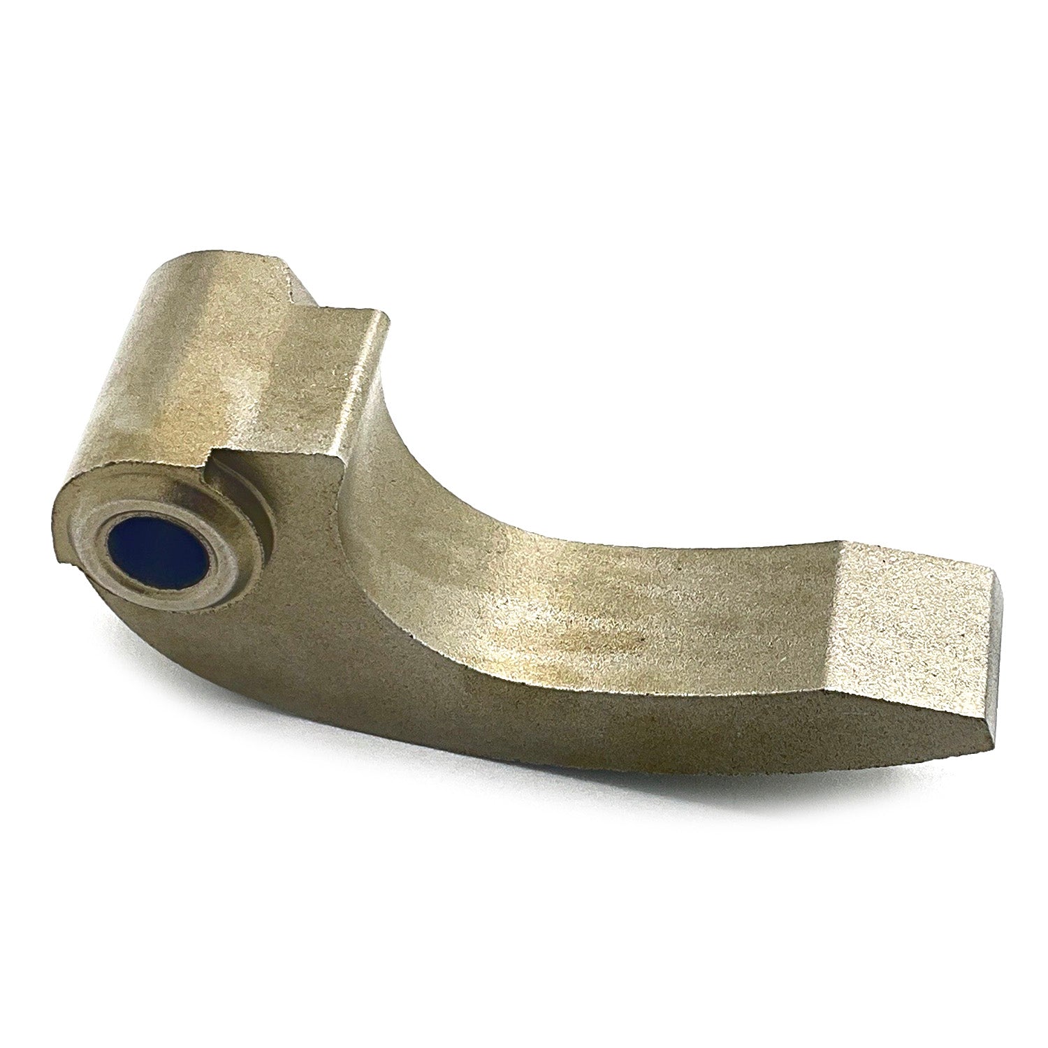 Curved metallic weight shift component with a smooth finish and blue bushing insert.