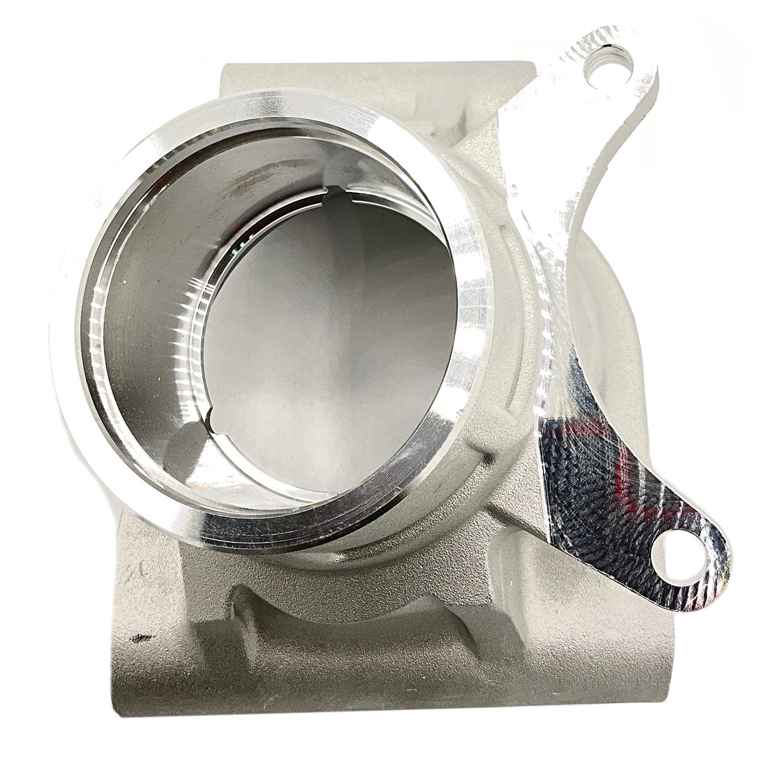 Silver metal Polaris left bearing carrier with circular opening and mounting holes.