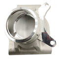 Silver metal Polaris left bearing carrier with circular opening and mounting holes.