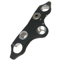 Flat black metal triple tree clamp with three circular cutouts and smooth finish.