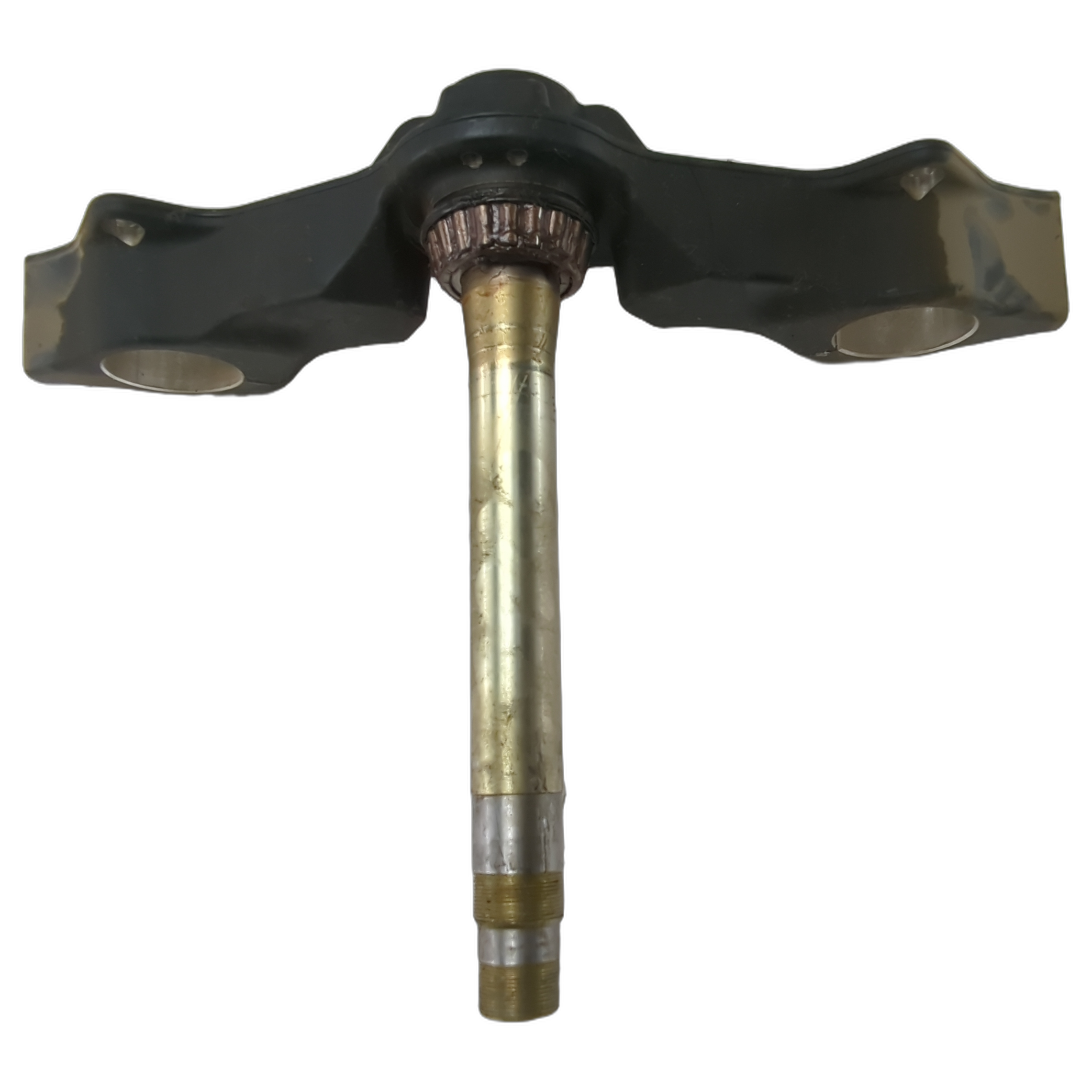 Flat black metal triple tree clamp with a central cylindrical gold-toned shaft and bearing assembly.