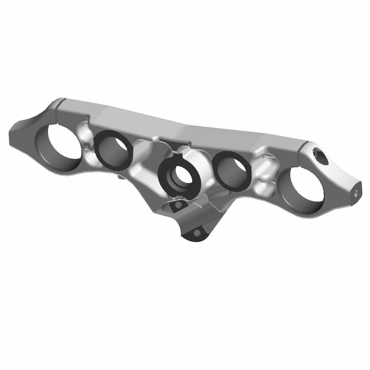 Flat black triple tree clamp with three circular openings, angular design, and smooth metallic finish.