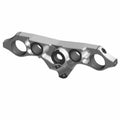 Flat black triple tree clamp with three circular openings, angular design, and smooth metallic finish.
