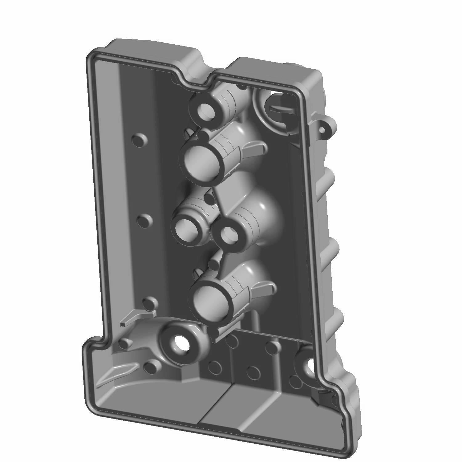 Gray molded plastic valve cover with cylindrical protrusions and bolt holes.