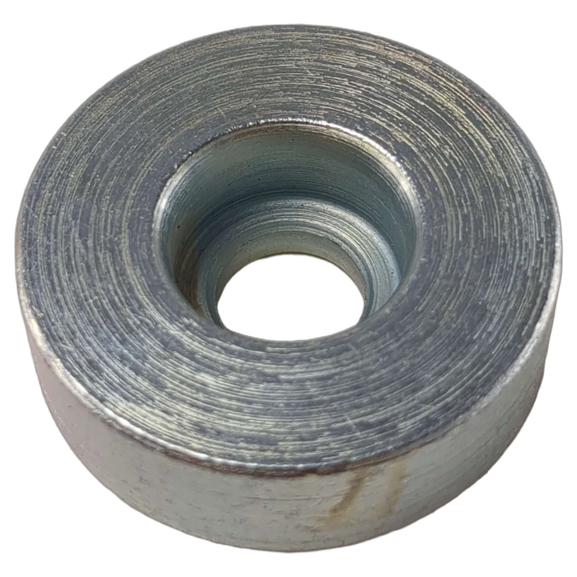 Silver metallic cylindrical exhaust spacer with a central hole and textured surface.