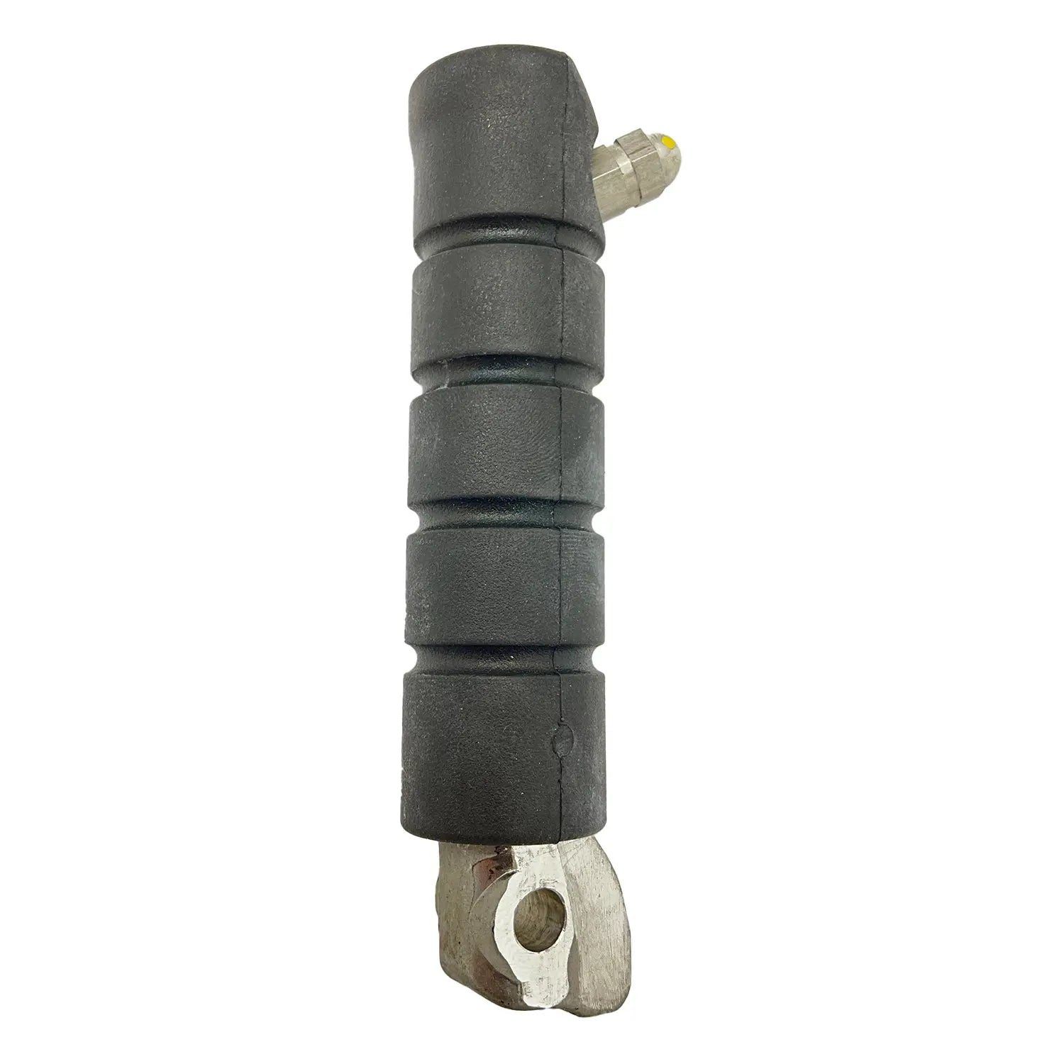 Black rubber motorcycle driver foot peg with metal mounting bracket and bolt attachment point.