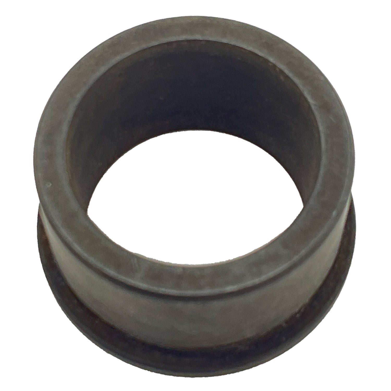 Black cylindrical rubber bushing with a flanged edge, smooth surface, and hollow center.