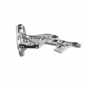 Glossy black mid-frame motorcycle part with mounting holes and angular design for left side placement.