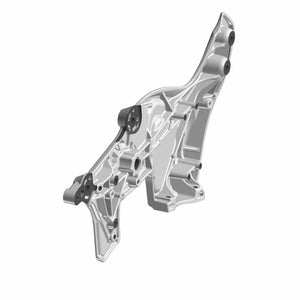 Right mid frame motorcycle bracket in silver metal with multiple mounting points and angular design.