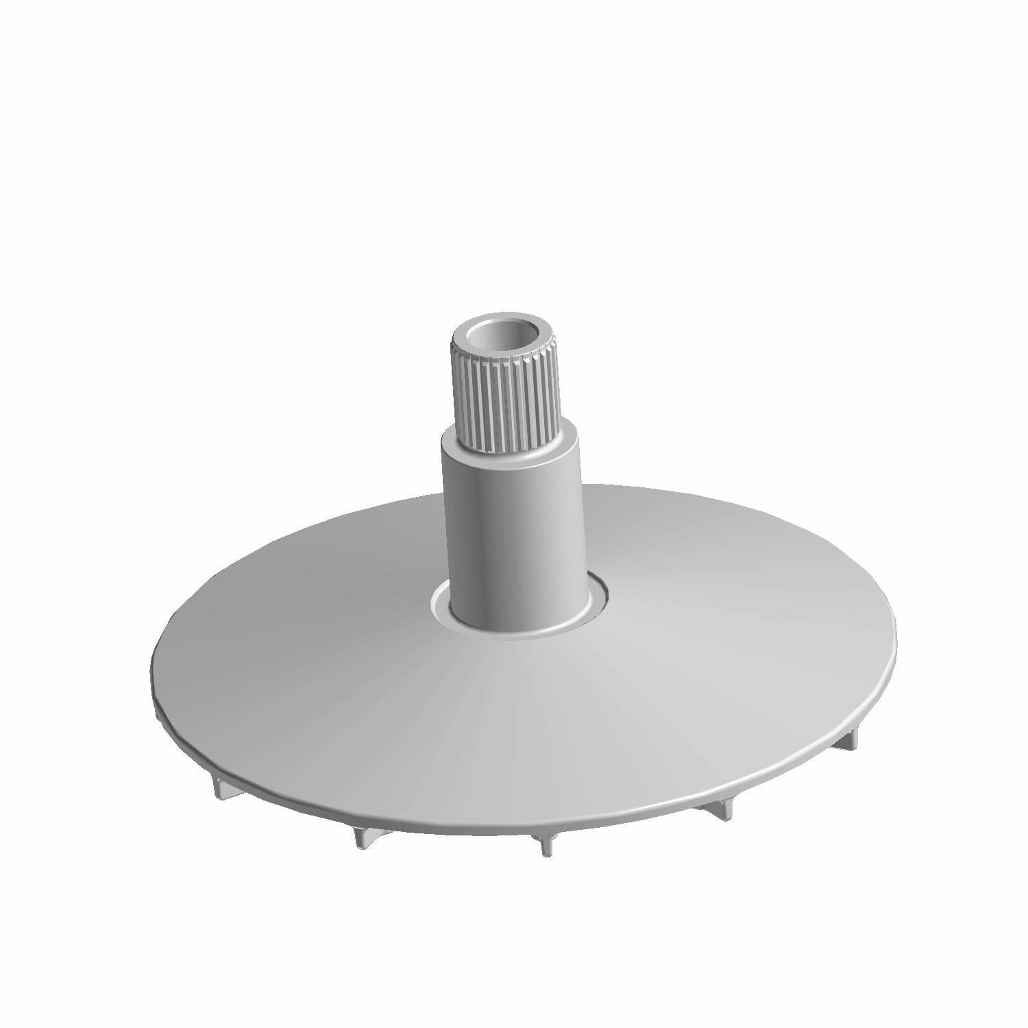 Gray circular plastic sheave stat with central splined shaft and evenly spaced outer teeth.