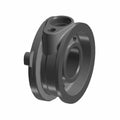Black metal oil filter adapter with circular mounting flange and multiple bolt holes.