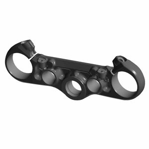 Matte black metal triple tree clamp with two circular fork mounts and central steering stem hole.