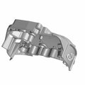 Metallic silver rear valve cover with contoured design and embossed emblem for motorcycle engine.