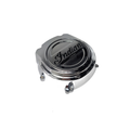Chrome-plated alternating current generator cover with embossed Indian logo and mounting bolts.