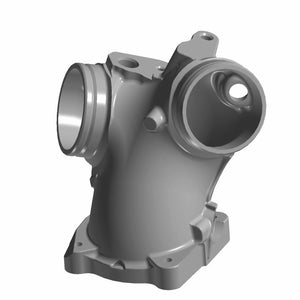 Matte gray metal intake manifold with flanged base and dual cylindrical ports.