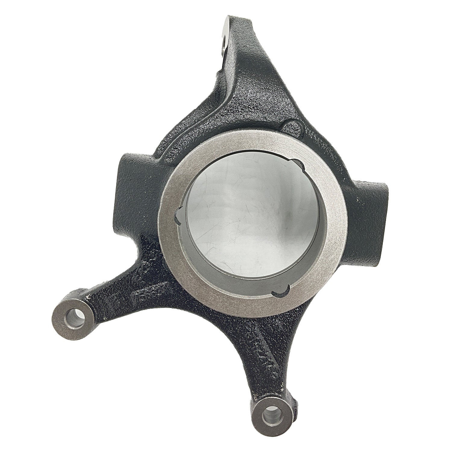 Black metal left front steering knuckle with smooth silver bearing housing for Polaris UTV.