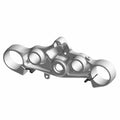 Silver metallic upper triple tree clamp with circular fork mounts and central bolt holes for Indian Challenger motorcycles.