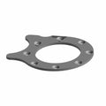 Gray metal retaining plate bearing with six evenly spaced holes and two extended tabs.
