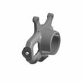 Gray metal front steering knuckle for Polaris UTV with mounting points and circular hub opening.