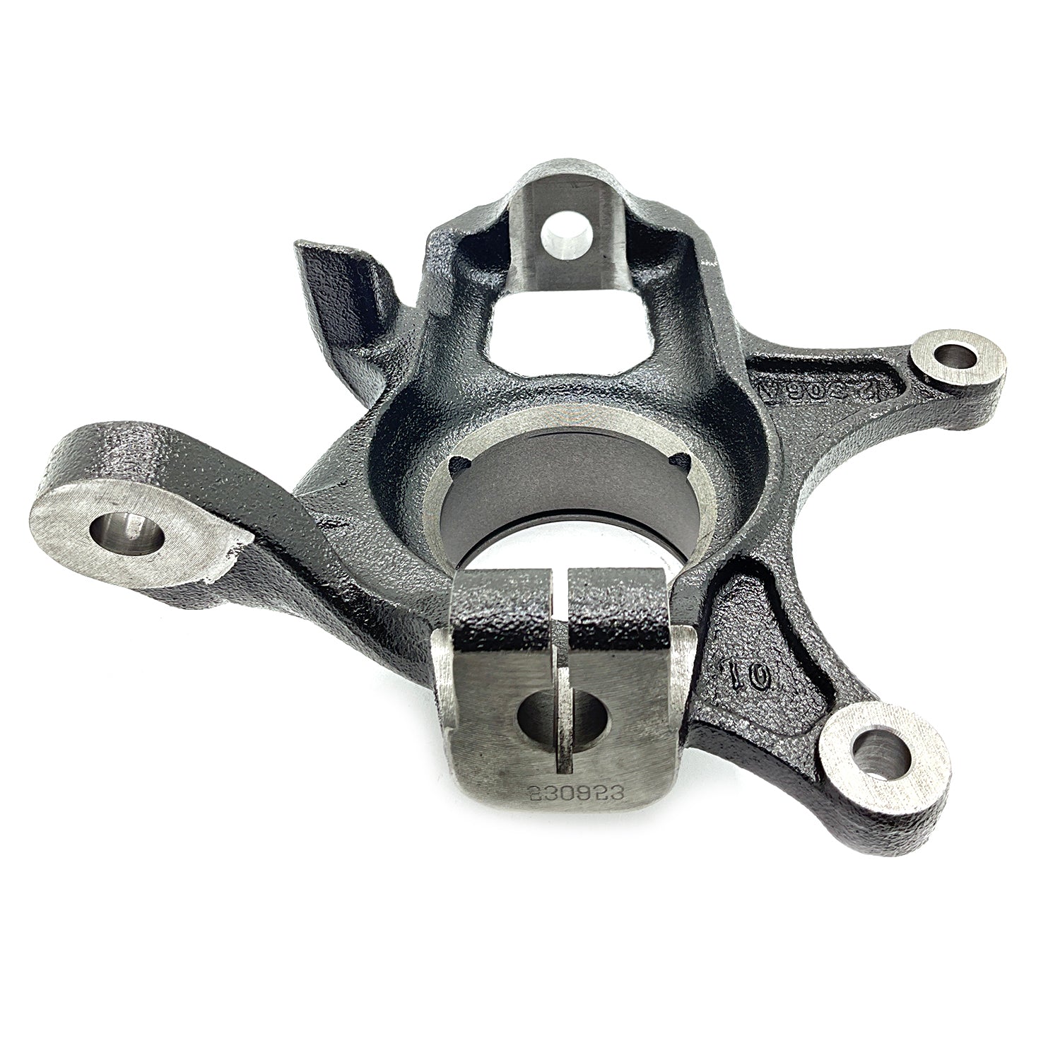 Gray cast metal front right steering knuckle for Polaris UTV with mounting points and central hub opening.