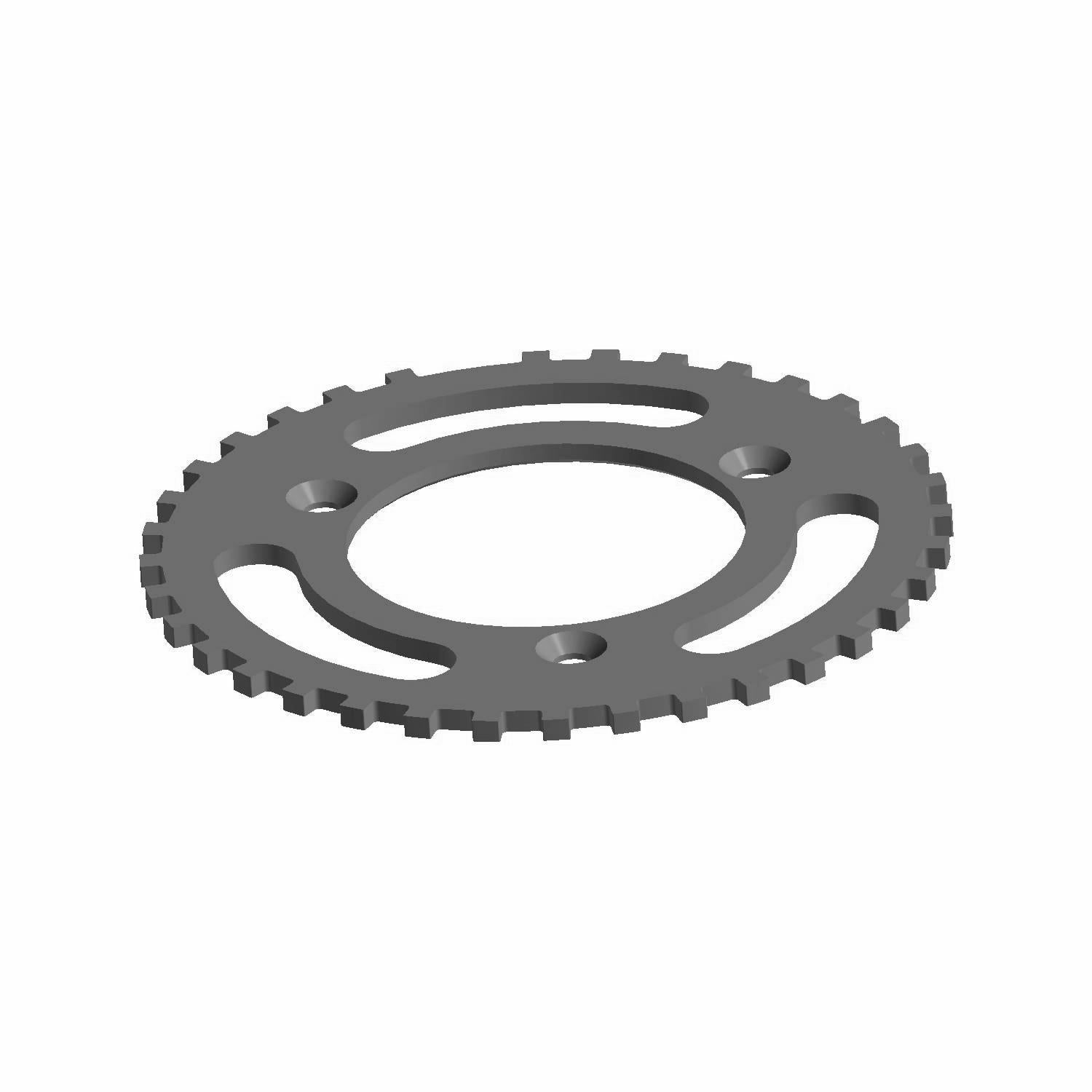 Black metal timing wheel with evenly spaced outer teeth and three large curved cutouts around the center hole.