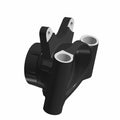 Black metal steering knuckle left with mounting holes and integrated pivot points for Polaris UTV.