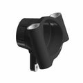 Black metal steering knuckle with cylindrical mounting arms and circular central hub opening for Polaris vehicles.