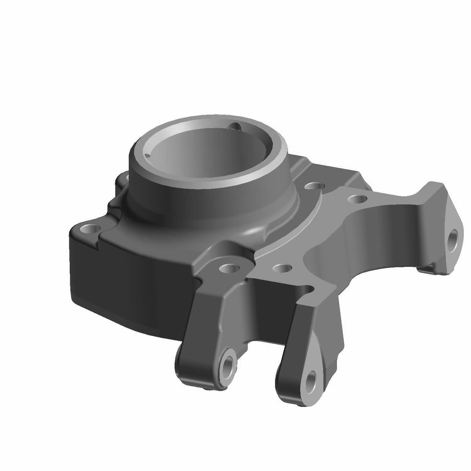 Gray metal steering knuckle with cylindrical hub and mounting points for Polaris offroad vehicle.