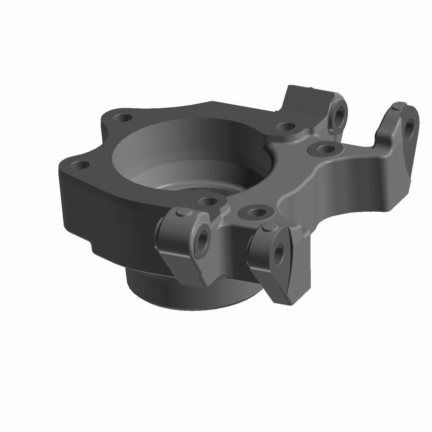 Matte black metal steering knuckle with mounting points and circular hub for Polaris UTV, right side.