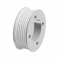 Silver metal 6-ribbed pulley with circular mounting holes and 72 mm diameter center bore.