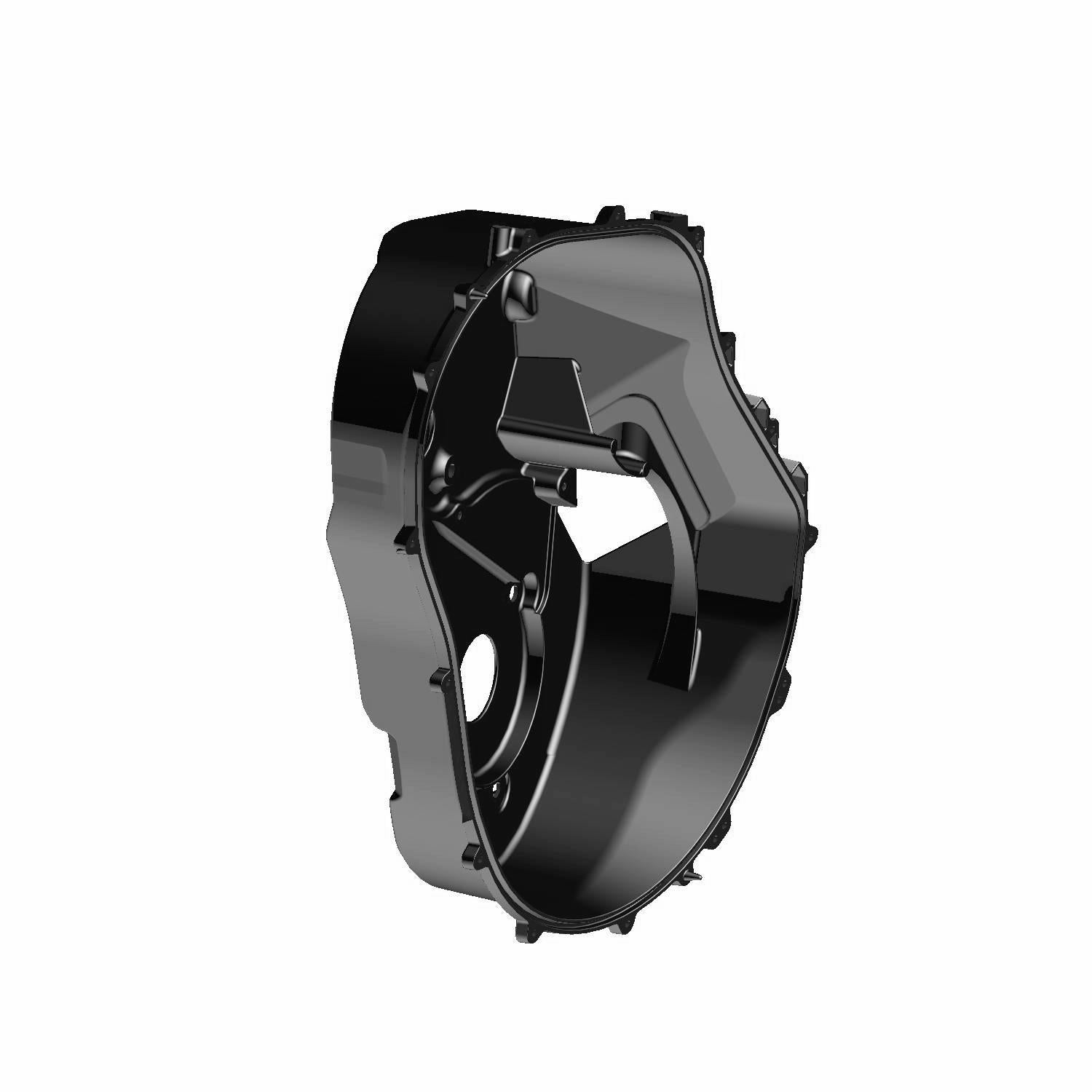 Glossy black plastic inner clutch cover with mounting points and contoured design for Polaris UTVs.