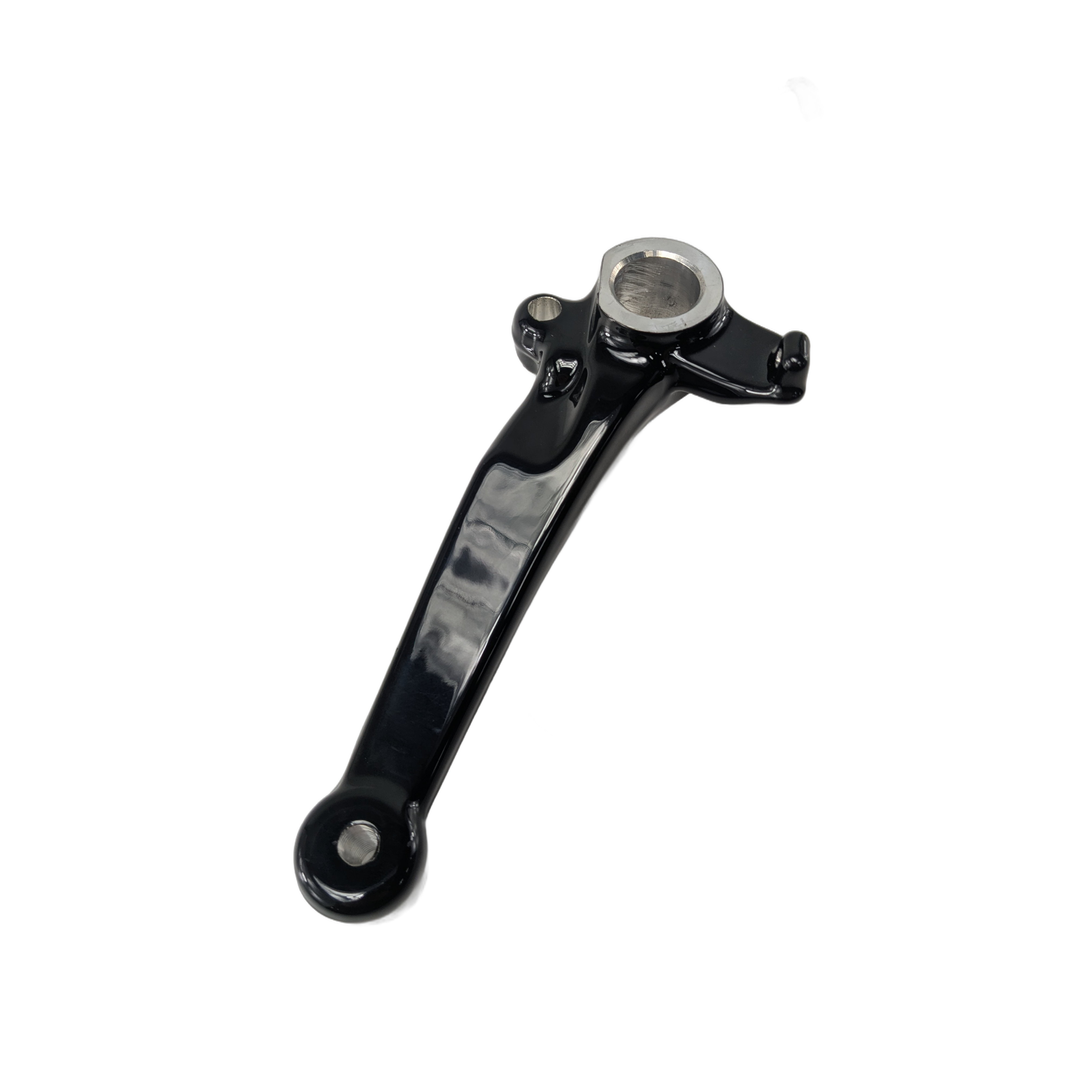 Black metal brake pedal lever with a curved arm and circular mounting points on each end.
