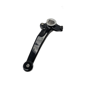 Black metal brake pedal lever with a curved arm and circular mounting points on each end.