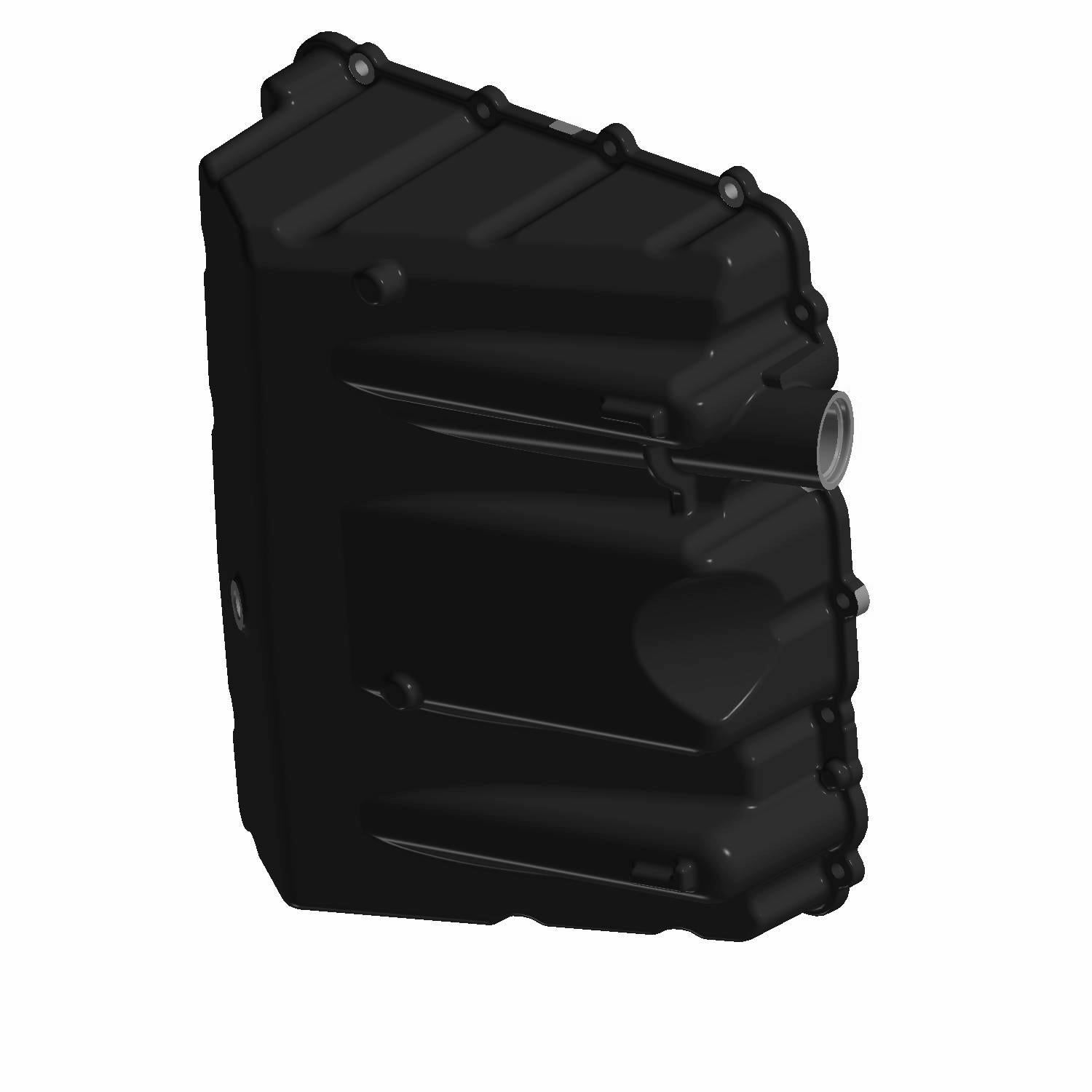 Black machined aluminum oil pan with ribbed sides and mounting holes.