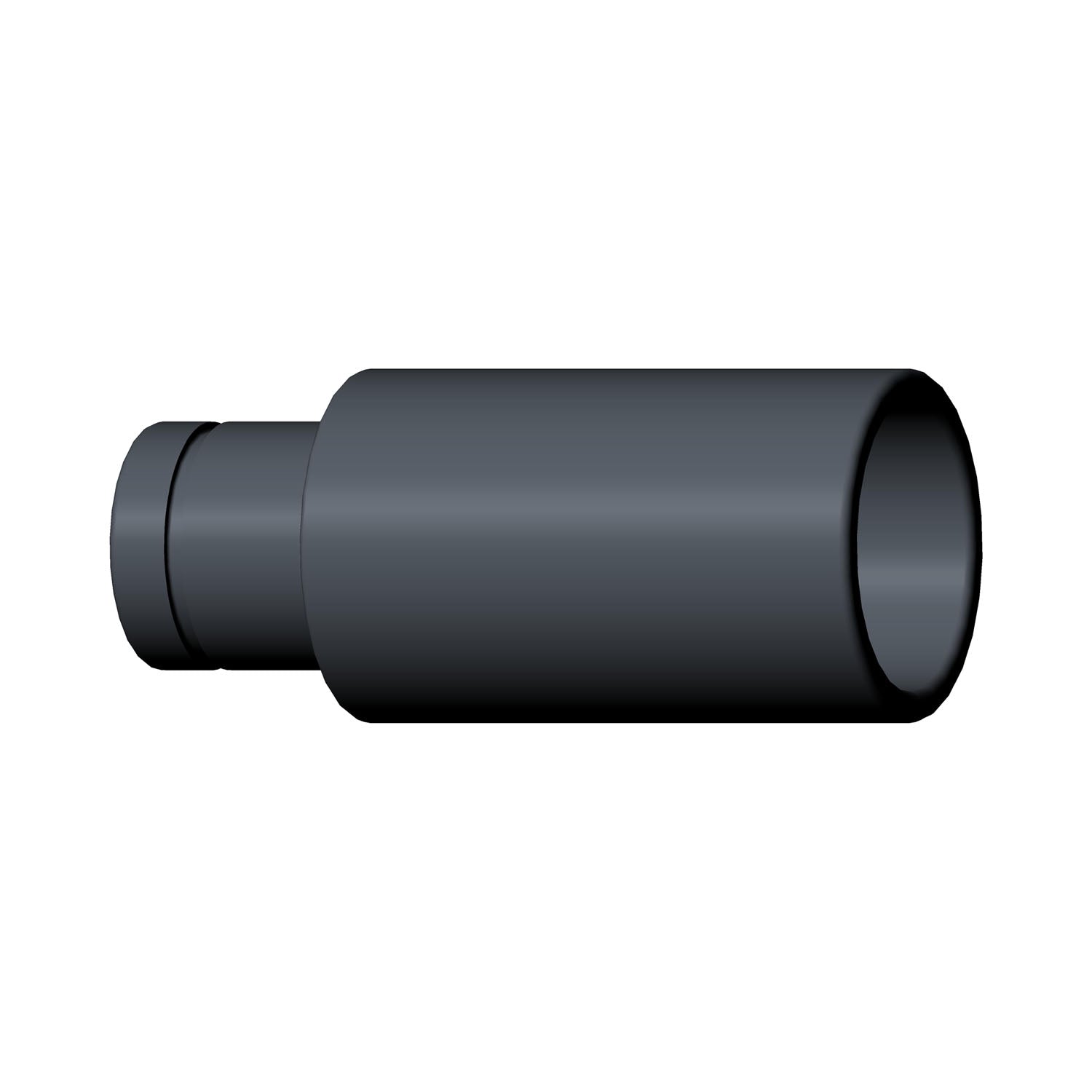 Black cylindrical rubber O-ring clutch outer post with stepped design and hollow center.