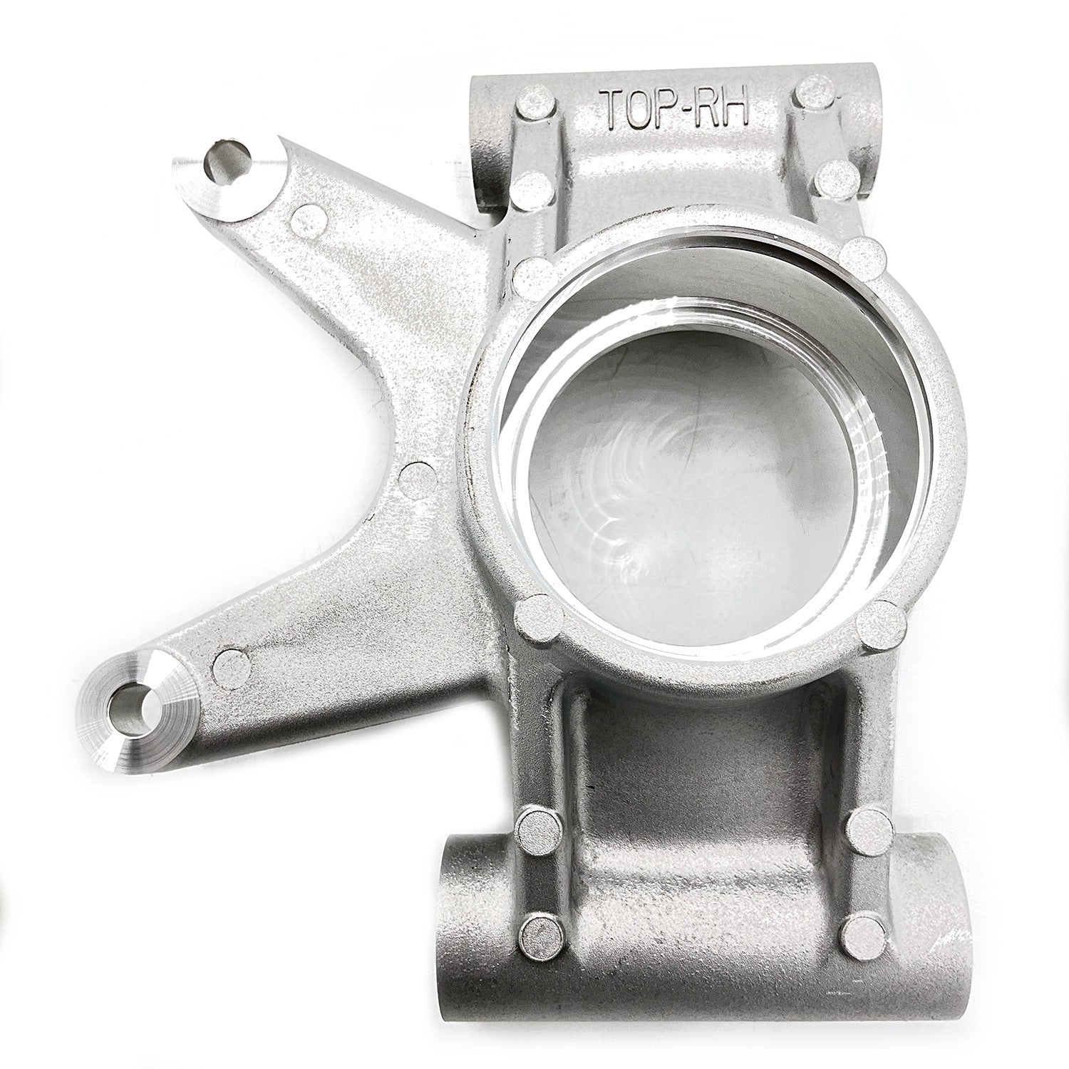 Silver metal carrier bearing housing with multiple mounting points and a large circular central opening, labeled "TOP-RH".